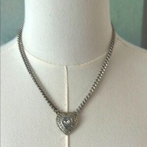 Trifari 17 inch Faux Silver & Crystal Heart Pendant Necklace